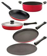 Nirlon 5 pcs of Red and Black 3 Layer Non-stick Aluminium Coated Chemical Free Kitchenware Essential Combo Set, Standard