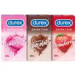 Durex Extra Thin Flavoured Condoms, 10s, Pack of 3 (Bubblegum + Chocolate + Strawberry)