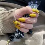 Secret Lives Acrylic Press on Nails Designer Almond Mustard Color Black Butterfly Artificial Nails Extension 24 pcs Set with Glue Sheet