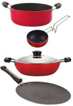 Nirlon 4 pcs of Red, Black Non-stick Pot and Pans Cookware Set Standard