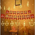 FINGER THREE 12 Diya 138 LED Curtain String Lights for Decoration, Window Lights with 8 Flashing Modes - Warm White (Diya)