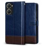 Fashionury Flip Back Case for Vivo Y18 | Genuine Leather Finish | Designer Button | Inbuilt Pockets & Stand | Flip Cover Back Case for Vivo Y18 (Blue with Coffee)