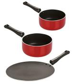 Nirlon 3 pcs of Red, Black 3 Layer Non-stick Aluminium Coated Pots and Pans Cooking Combo Set Standard