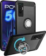 Unistuff Back Case Cover for Tecno Pova 5G with Magnetic Kickstand | Premium Matte Finish | Camera Bump Protection | Rubberized Ring Cover - Night Black, 76972