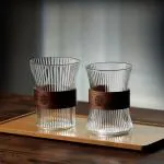 ECOVISTA glass coffee cup, vintage wooden cup sleeve crystal glass cups clear glasses and universal glasses perfect for cocktails cold drinks, coffee, soda, water, bars, restaurants, pubs [2 pcs]