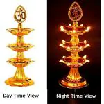 E-DAMEN Indian Electrical Plastic Double Layer LED Golden OM Design Electric Diya Decorative Lamp for Temple Decoration (1, 3 Layer (21 LED Diya))