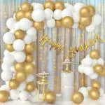 TTimmo4 White and Golden with Net Curtain and Light Birthday Decorations Theme for Girls Boys etc|| Balloons for Birthday Decorations || Birthday Decorations for Wife ( Pack of 45 )