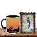Whats Your Kick Explore The Nature Quotes Printed Black Ceramic Coffee Mug 325 ML With Antique Copper Finish Cycle Chain Photo Frame