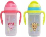 Mom's Pride Green, Pink Plastic Baby Opaque Soft Straw Sipper White Anti Spill Sippy Cup With Adjustable Strap - 350 Ml (Pack Of 2)