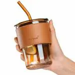 SHG ENTERPRISE Glass Tumbler with Silicone Straw and Lid 435ml, Glass Cup with Leather Sleeve, Coffee Mugs for Straw and Direct Drinking Mouth Dual Use, Summer Travel Essential Bottle