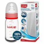 Luv Lap Essential Slim Neck Glass Feeding Bottle, 125ml, 0m+/Babies Upto 3 Years, Made of Borosilicate Glass, BPA Free, Ergonomic Shape is Easy to Hold, with Anti Colic Nipple, White & Red, Pack of 1