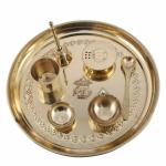 Mkd2 Rise Brass Pooja Thali Set I Puja Thali Set 10 inch with Ghanti, Diya, Roli/Kumkum Katori, Dhoop Agarbatti Holder and Panchamrut Set (Set of 7)