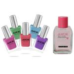 JUICE | 5 NAIL POLISH COMBO 15 (PICKLE GREEN - 267 / SKY BLUE - 268 / FRENCH PURPLE - 283 / CORAL SUNSET - 292 / AMARANTH PINK - 266) & 1 NAIL POLISH REMOVER | WATERPROOF & LONG LASTING | PACK OF 6