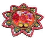 Webelkart Decorative Star Kundan Studded Wooden, Stoneware Pooja & Thali Set (3 Pieces, Multicolor)