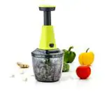 GRECY Manual Push Chopper for Vegetables & Fruits, Hand Press Chopper with Lock & Unlock System 6 S S Blade + 1 Plastic Blade + 1 Plastic Whisker 950ml - Green
