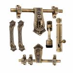 SNE Antique Door Fittings Kit Door Accessories Kit Door Kit Set 1 Aldrop 1 Latch 2 Handles 1 Tower Bolt and 1 Door Stopper Finish Antique Brass Zinc Door Handle Gold Pack of 1