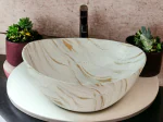 Marble Ceramic Tabletop Wash basin with Waste Coupling & PVC Waste Pipe | Wash Basin over counter For Bathroom Hotel Home Countertop Vessel Sink | (16 x 13 x 6 Inch) Marble Basins (Boat shape Marble Glossy) (6202) Brand: FOOTPRINT EXIM