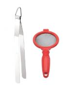 Urban Buy Stainless Steel Roti Chimta Tong With Solid Plastic Tea Strainer and Multicolour, Pack of 2