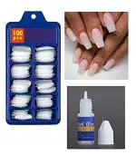 MISTY ALLE Premium Artificial White Nails Set with Glue - Reusable Fake Nails Set, False Nails Kit - 100 Pcs for Professional and Home Use Plastic Nail, Fake Nail, Nakli Nakhoon