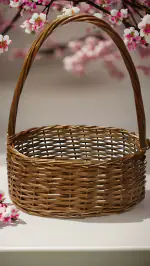 4B INTERNATIONAL_Handcrafted Natural Bamboo Basket with Handle, Flower/Puja/Fruits/Décor/Stationary Basket (30 cm x 26 cm x 12 cm)