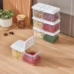 DELMON Fridge Storage Boxes With Lid And 2 Partition Space Saver Multi Section Bins Fridge Organizers Storage Box Set Freezer Container Box (Pack Of 4) - Plastic, Transparent