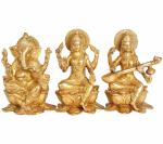 Idol Collections Gold Brass Ganesha Laxmi Saraswati Sitting On Lotus Flower Base, 9.5 Inch