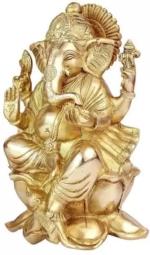 Brassaura Brass Lord Ganesha Bhagwan Murti Sitting with Mooshak on Lotus Flower Base Decorative Showpiece - 25.4 cm (Brass, Gold)