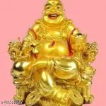 TRACES Resin Laughing Buddha Happy Man Chair Sitting with Wealth Balls | Small Decorative Showpiece for Home or Table | 12 cm Gold
