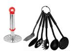 URBAN BUY Stainless Steel Pav Bhaji Masher With 6 Pcs Plastic Black Palta Set and Multicolour, Pack of 2