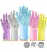 Flare Sanctum Gloves For Kitchen Dish Washing Combo- Reusable Rubber Silicon Household Safety Wash Scrubber Heat Resistant Kitchen Gloves for Dish washing, Cleaning, Gardening Wet and Dry Glove hand gloves for kitchen (Multicolour, 1 Pair)