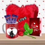 Midiron Lovely Anniversary Combo Gift For Wife/Women/Girlfriend|Romantic Gift For Valentines Day with Chocolate Bars, Heart Red Cushion, Printed Ceramic Mug , Artificial Rose & Greeting Card