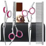 Qpets Stainless Steel Professional Dog Grooming Shears Set - Thinning, Straight, Curved Shears and Comb for Long Short Hair for Dog Cat(4 pcs)