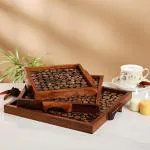 CRAFTBELL Handcrafted Brown Square Sheesham Wood Serving Tray (set of 3) (CEN-WST-006)