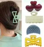 KARKI FUSION 4pc Hair Claw Clips for Thick Hair Nonslip Pearl Hair Clips Strong Hold Hair Jaw Clips Big Hair Clips French Design Hair Styling Accessories for Women Girls (Mixed Colors) (Pack of 4