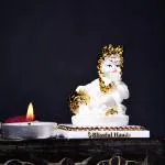 Ghar Saaz Divine Bal Gopal Krishna Makhan Chor Marble Dust God Idol With Gold Leaf Work in Matt White Finish 2.75 Inch