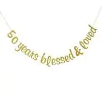 Festiko 50 Years Blessed, Loved Bunting Banner, 50th Anniversary Birthday Wedding Party Decorations, Gold Glitter