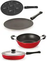 Nirlon 4 pcs of Red, Black Gas Compatible Pot and Pans Cookware Combo Set Standard