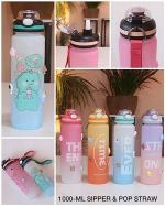 ELVIES Unbreakable Cartoon Print Water Bottle 1 Liter With Motivational Time Market, Leakproof Durabal BPA Free Non-Toxic Water Bottle For School/Gym/Office