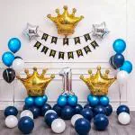 SPECIALYOU.IN 1st birthday decoration items for boys includes Navy Blue, Dark Blue and white Balloons with Golden Crown, Silver Star and Happy birthday paper Banner- 69 Items