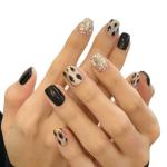 Secret Lives Acrylic Designer Artificial Extension Black Zebra Print Silver Glitter and Studs Design Fake Nails Design 24 pcs Set with Manicure Kit