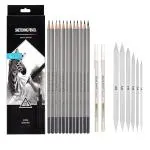 KANBI Art Sketching Pencils Set of 12 Pencils Artist Grade Degree Pencils 10B, 8B, 6B, 5B, 4B, 3B, 2B, B, HB, 2H, 4H and 6H with 6 Stumps and 2 White Gel Pen
