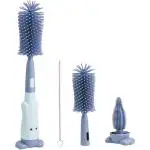 LITTLE CURIOUS 3in1 Baby Bottle Cleaning Brushes Set : Brush for Baby Feeding Bottle, Pacifier cleaner and Straw Cleaning tool - Silicone Bristles Brush Kit for Milk Bottles, nipple, Straw,Mug and Cup-Blue Brush Incomplete