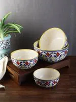 VarEesha's Rangriti Yellow Red Serving Hand Crafted Ceramic Bowls Set of Four Serveware Serving Bowls Serving Dishes