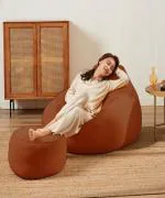 GIGLICK 4XL Bean Bag with Footrest | Ready To Use Faux Leather Teardrop Bean Bag With Bean Filling (Tan)