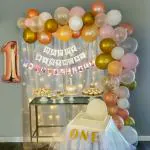 Specialyou.in Rosegold 1st birthday decoration with monthly Photo banner for baby girls Combo set with aesthetic White net curtain, LED Light Pink and Metallic Gold Balloon number foil balloon- 64 Items