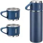 Style Homez TRIPLEE, Stainless Steel Vacuum Insulated Flask with Set of 3 Cups Hot & Cold 12 Hours BPA Free Thermos 500 ml, Blue Color