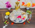 GoldGiftIdeas 10 Inch Silver Plated Shruti Pooja Thali Set for Gift, Pooja Thali Set for Diwali, Indian Pooja Items for Home, Wedding Return Gift