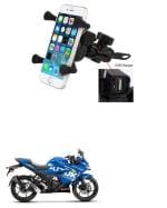 QiisX X-Grip Mobile Phone Holder with USB Charger Bike Mobile Holder for Suzuki Gixxer SF