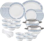Laopala Opalware Blue Ivory Grace Red Dinner Set (Pack Of 35)