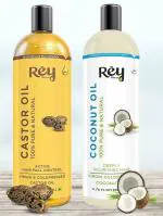 Rey Naturals Cold Pressed 100 Percentage Pure Castor Oil and Coconut Oil Combo Moisturizing and Healing For Skin, Hair Careand Eyelashes 200 ml Plus 200 ml